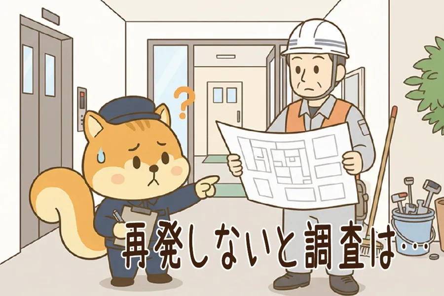 漏水の調査に関して業者と相談をしているりす丸のイラスト