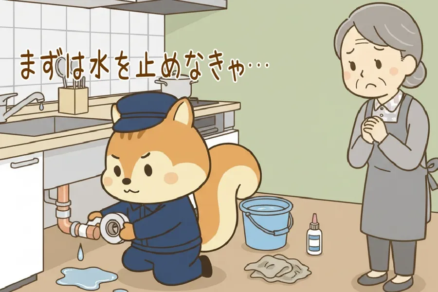 マンションキッチンからの漏水の応急措置をしているりす丸のイラスト