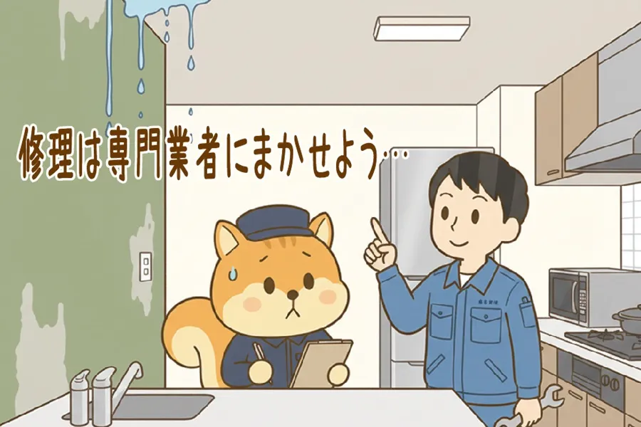 漏水修理の専門業者に相談をしているりす丸のイラスト