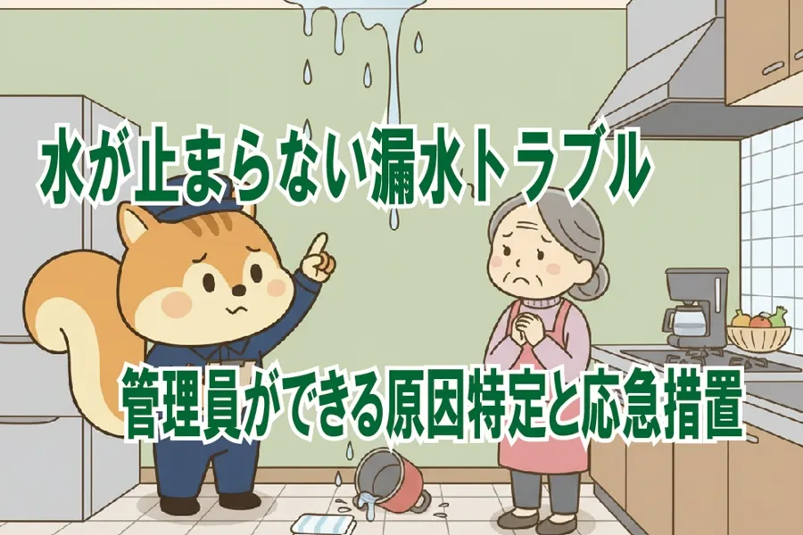 計測した漏水の調査をしながら住民と相談をしているりす丸のイラスト