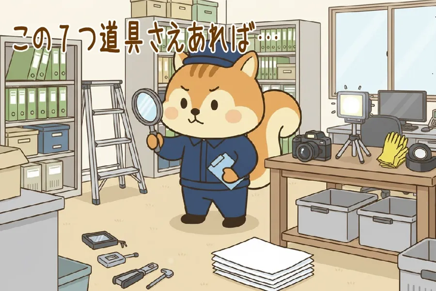 漏水7つ道具をそろえているりす丸のイラスト