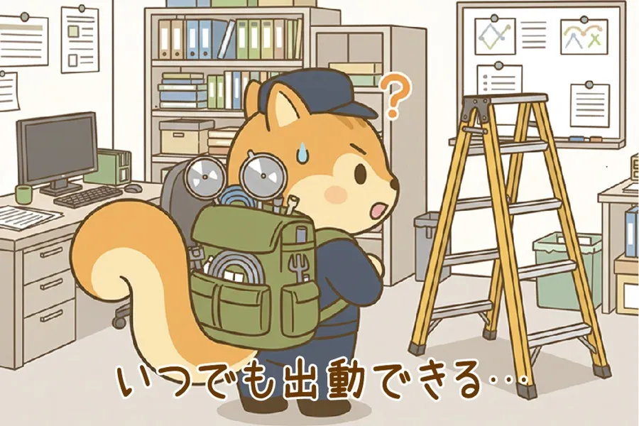 漏水7つ道具をリュックで背負っているりす丸のイラスト