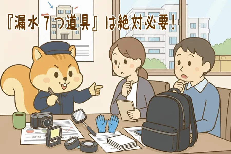漏水7つ道具の重要性を理事会役員い説明をしているりす丸のイラスト