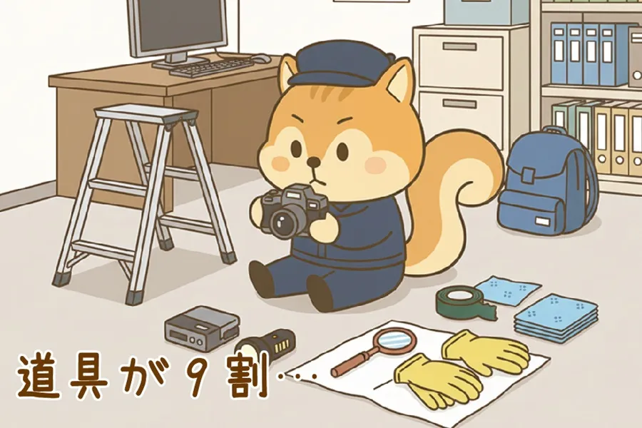 漏水7つ道具を点検整備しているりす丸のイラスト