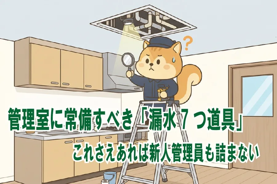 漏水7つ道具を駆使して調査をするりす丸のイラスト