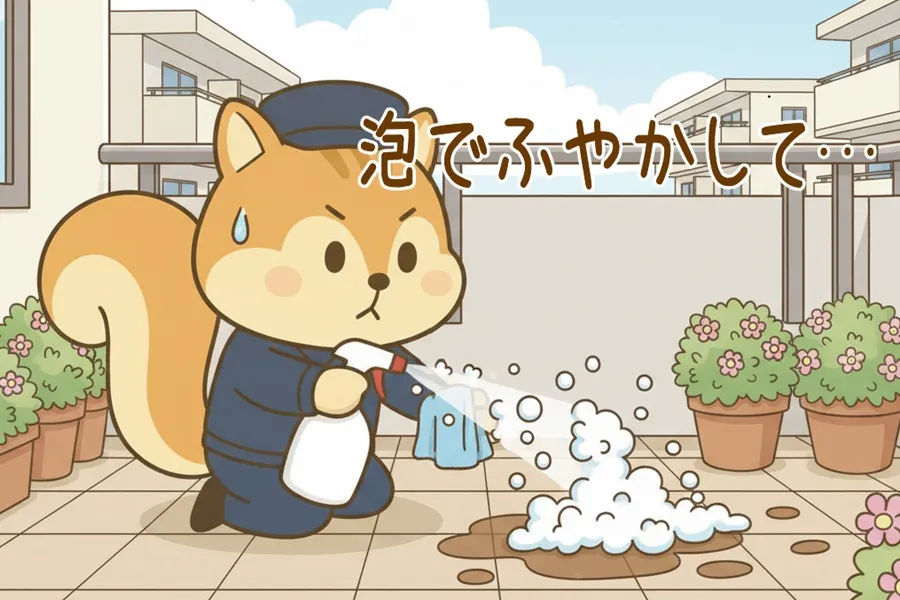 鳥のフンを泡スプレーでふやかしているりす丸のイラスト