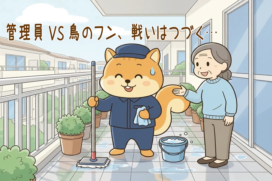 鳥のフンの掃除が終わって一息ついているりす丸のイラスト