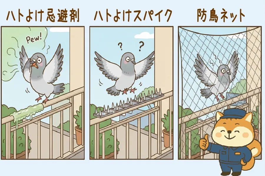 ハトの鳥害を防ぐ3種類の方法を解説するりす丸のイラスト