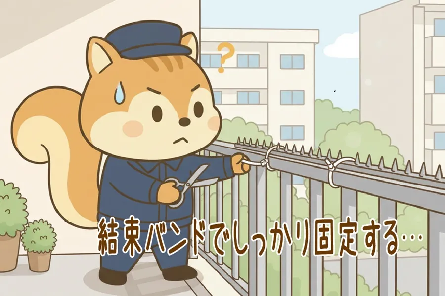 ベランダの手すりに防鳥ネットを結束バンドで取り付けるりす丸のイラスト