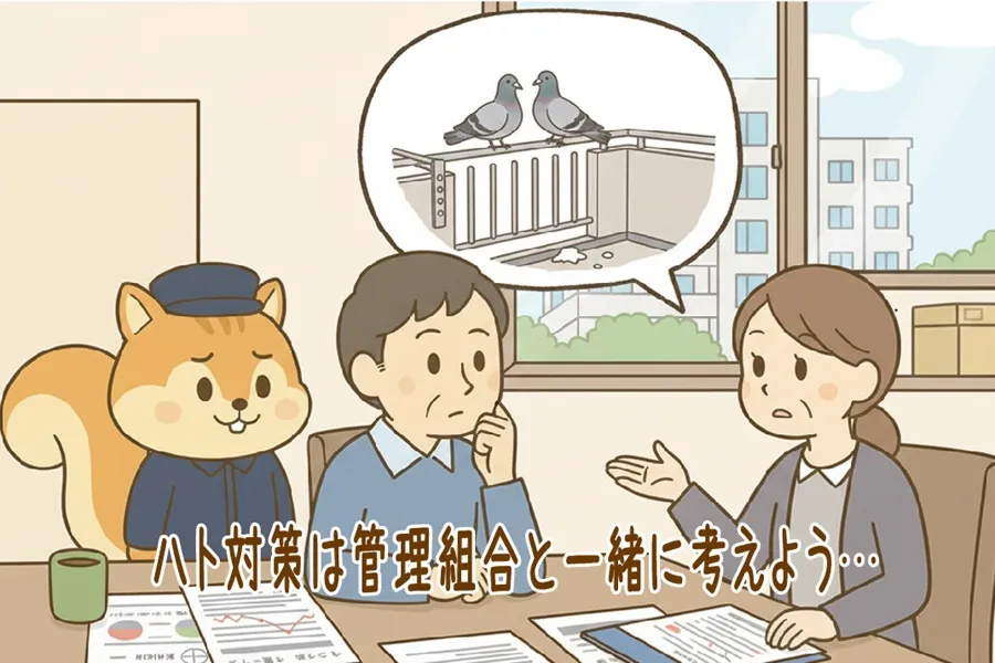 ベランダのハト対策について相談する住民と理事長のイラスト
