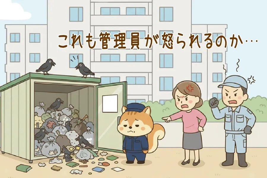 ゴミ置場が汚くて怒られているりす丸のイラスト
