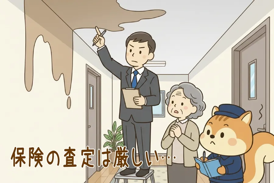 漏水の被害範囲を査定しているアジャスターとりす丸のイラスト