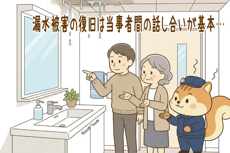 漏水の復旧に関して話し合っている住民とりす丸のイラスト