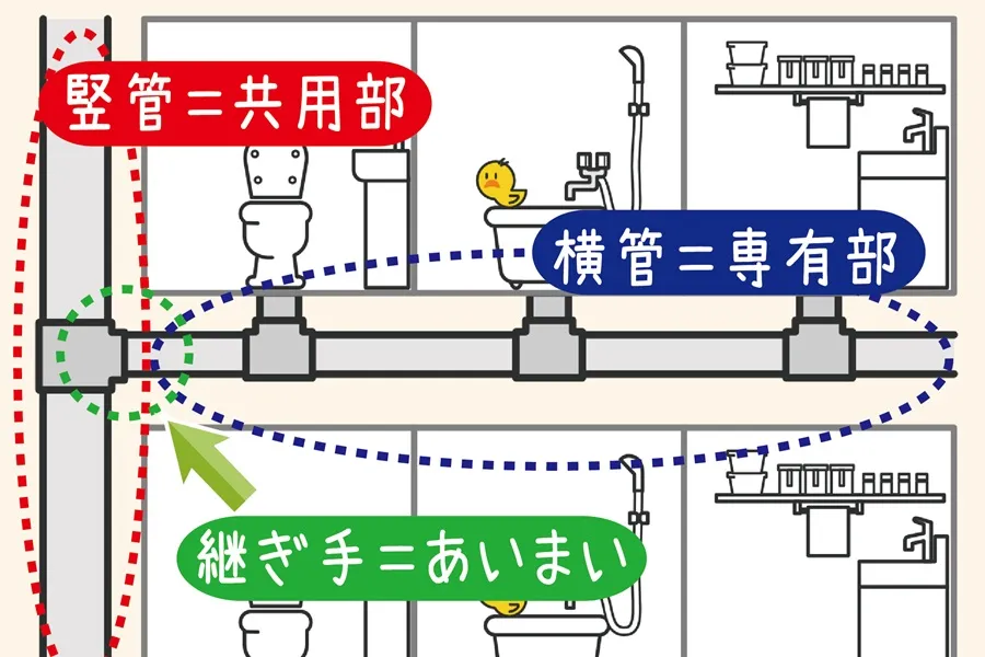 排水管の竪管と横管の所有責任を説明したイラスト