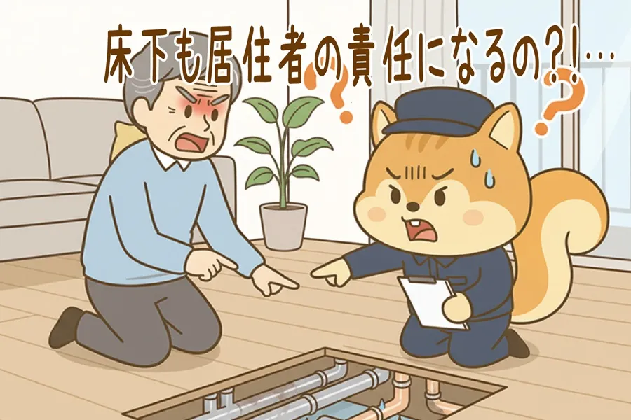 床下の配管の責任所在を居住者と話し合うりす丸のイラスト