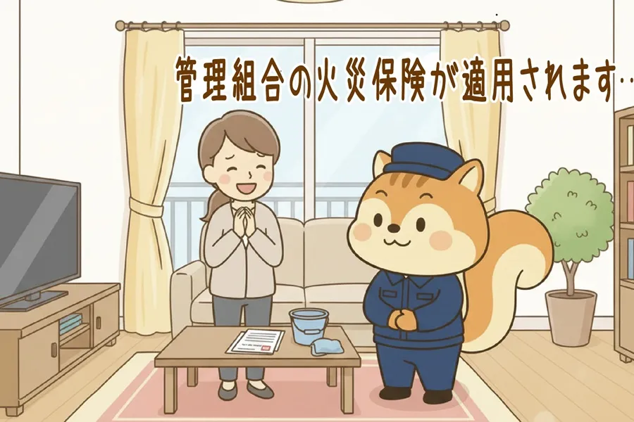 漏水化会社に保険適用を伝えているりす丸のイラスト