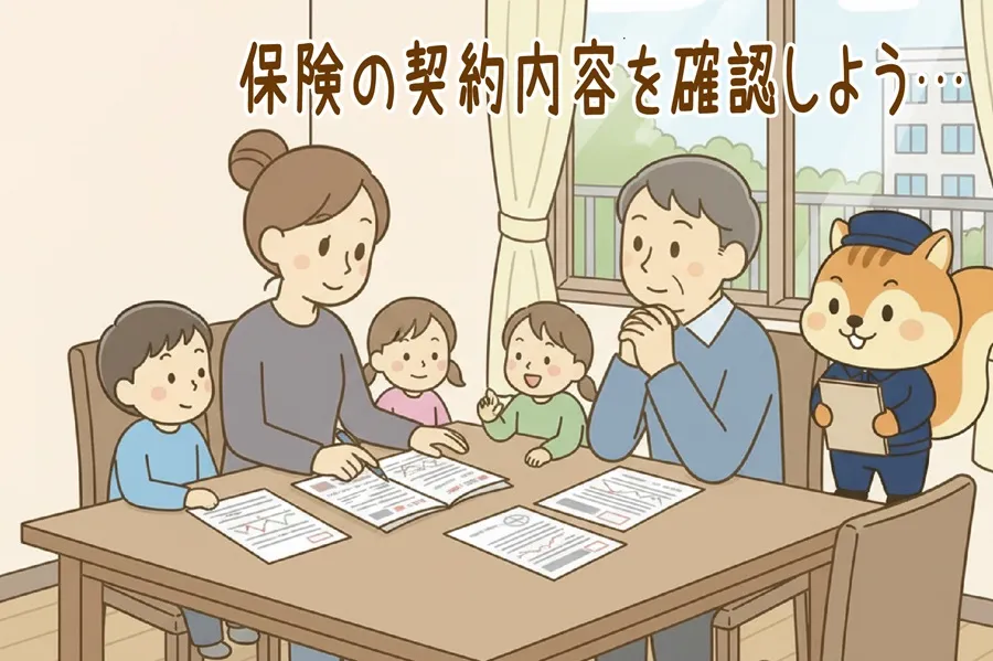 火災保険の内容を確認している家族を見守るりす丸のイラスト