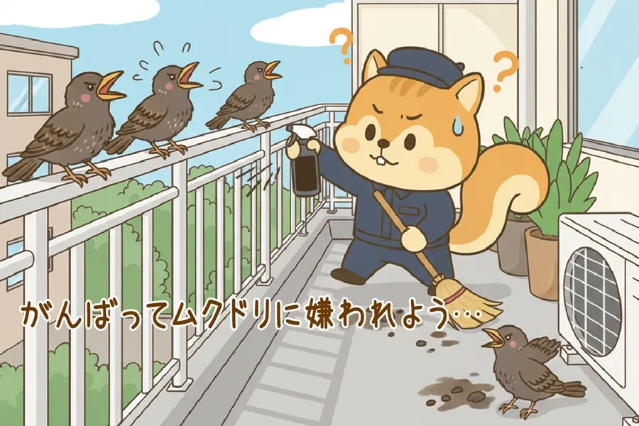 ムクドリを追い払っているりす丸のイラスト