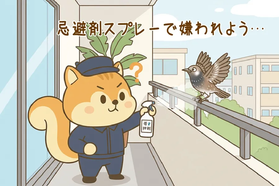 忌避剤スプレーでムクドリ対策をするりす丸のイラスト