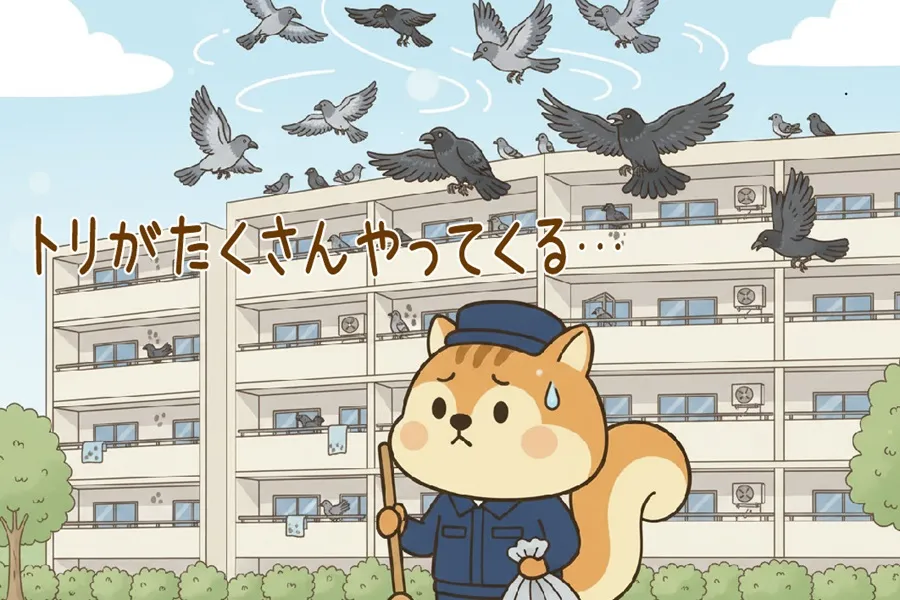 マンションにたくさんのトリがやってきて困っているりす丸のイラスト