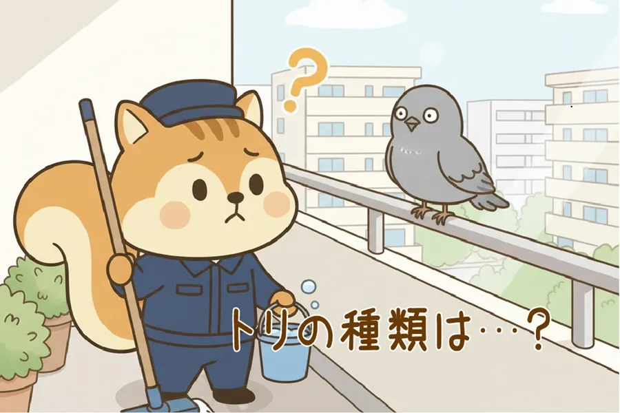 ベランダの手すりにとまっているトリの種類を考えているりす丸のイラスト