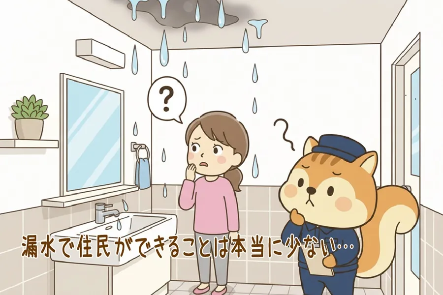 天井からの漏水を発見して困ってる住民とりす丸のイラスト