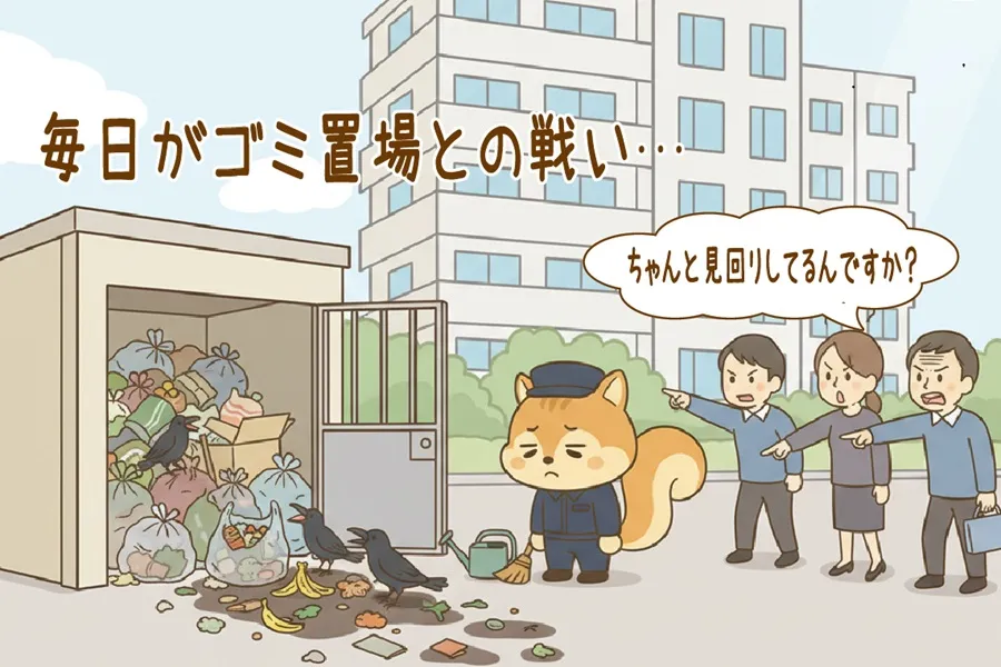 ゴミ置場が荒らされているのを怒られるりす丸のイラスト