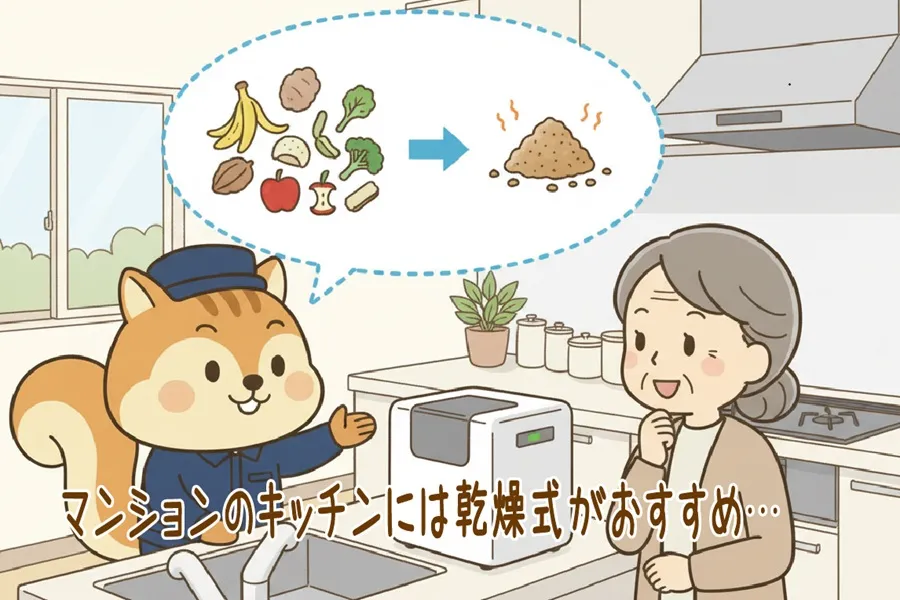 住民に乾燥式生ゴミ処理機を説明しているりす丸のイラスト