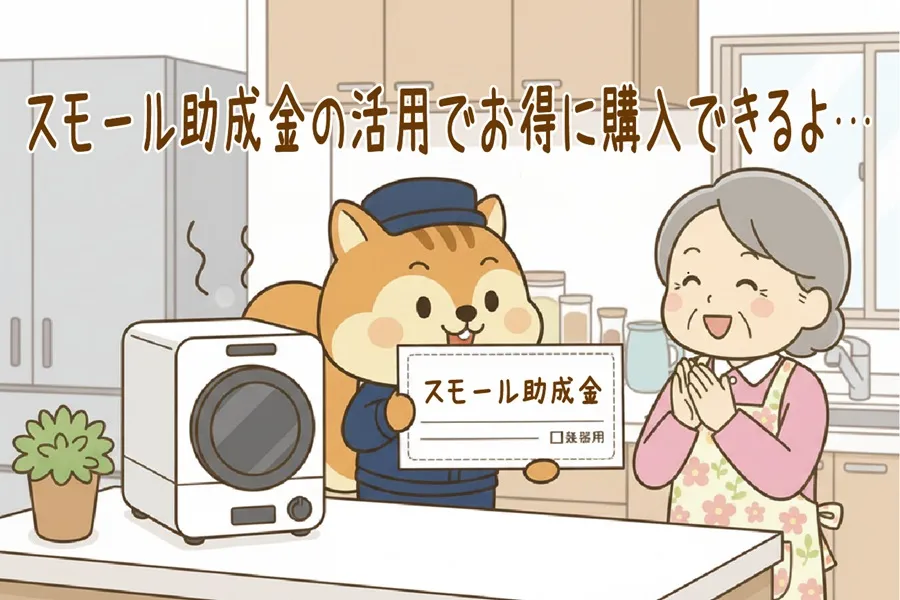 お得なスモール助成金を説明しているりす丸のイラスト