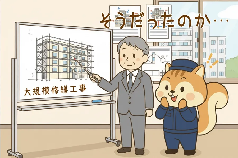 大規模修繕工事について教わっているりす丸のイラスト