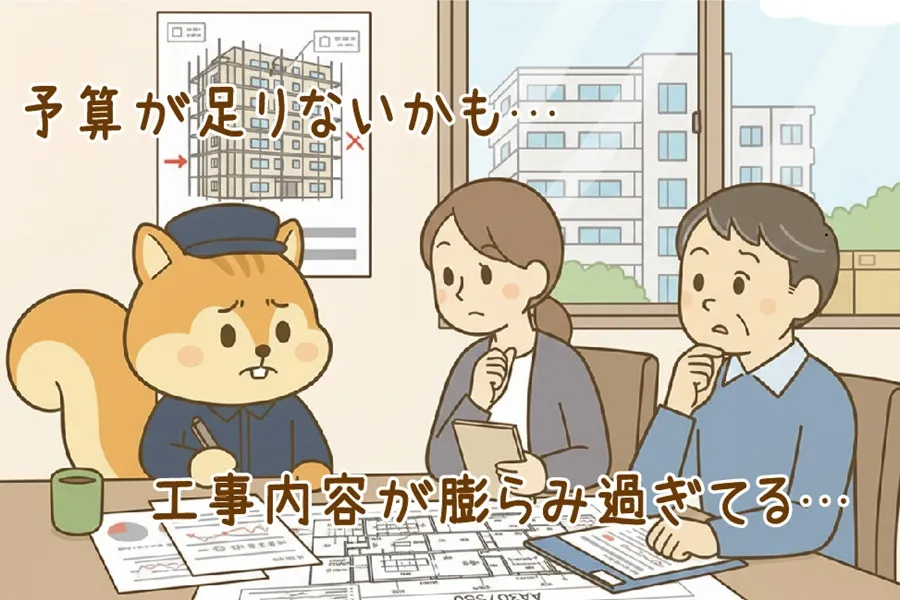 大規模修繕工事の予算を検討している理事とりす丸のイラスト