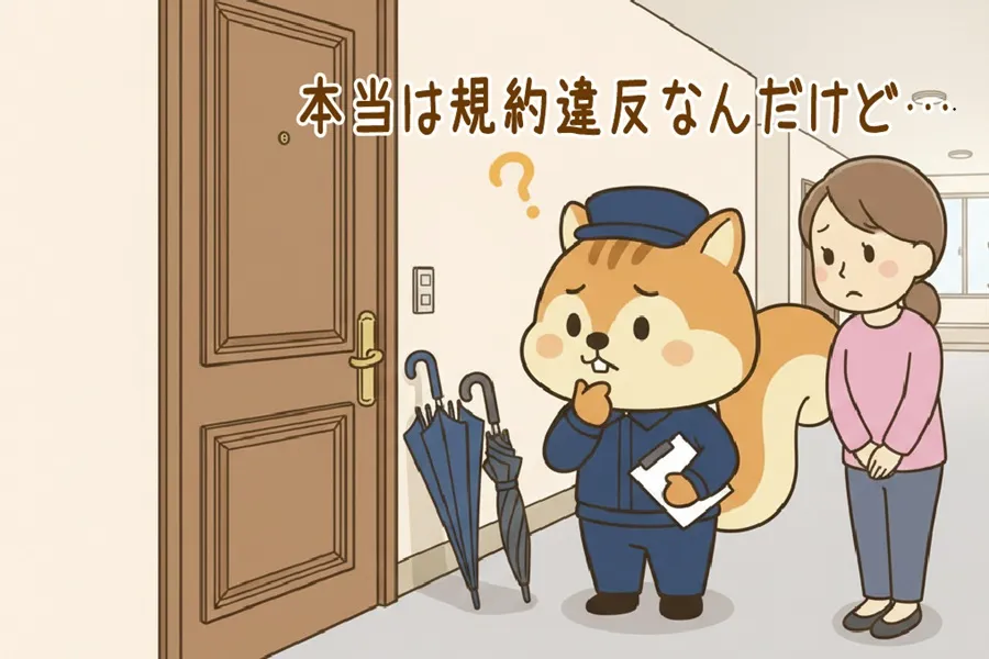 共用廊下の玄関にある傘をチェックするりす丸のイラスト