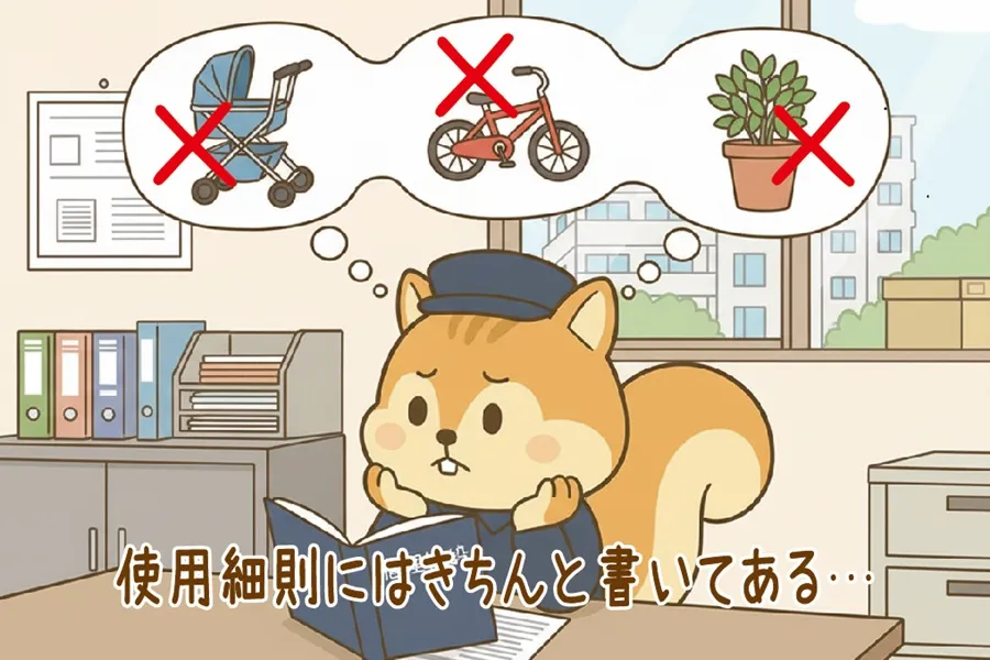 私物放置に関して管理規約を確認しているりす丸のイラスト
