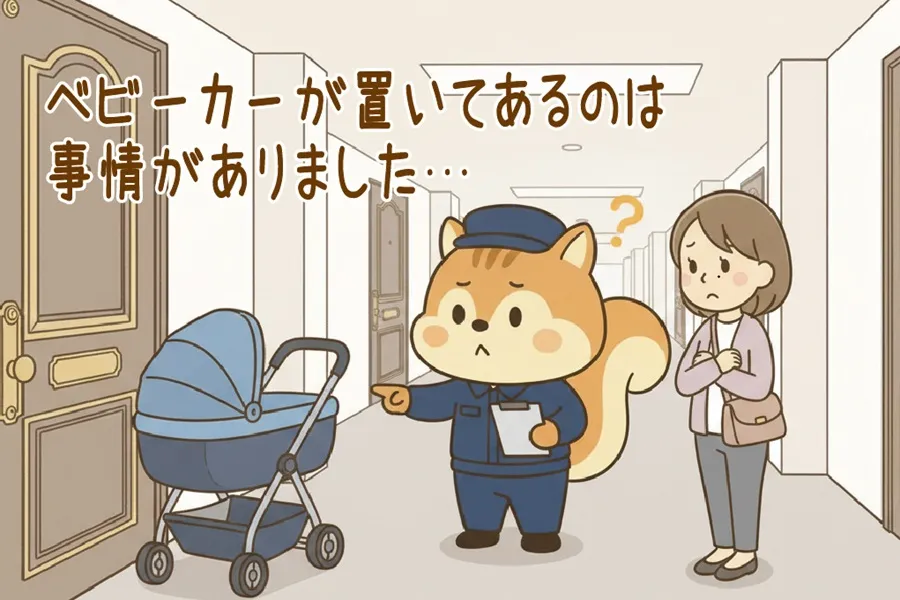 共用部のベビーカーを注意しているりす丸のイラスト