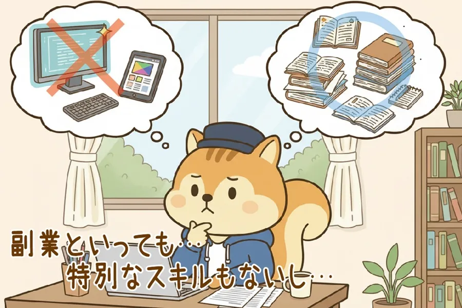 副業で何をするのか迷っているりす丸のイラスト