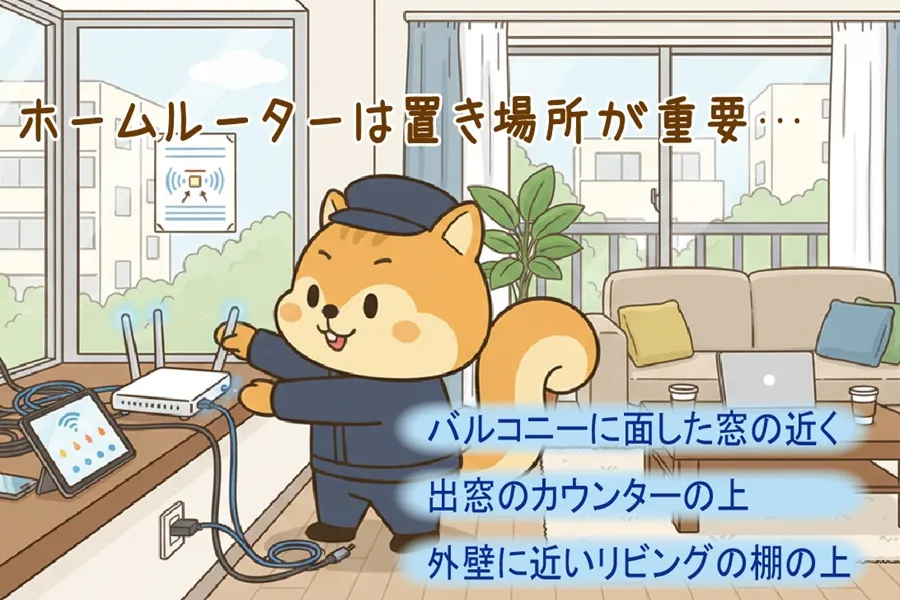 ホームルーターを窓側に設置しているりす丸のイラスト
