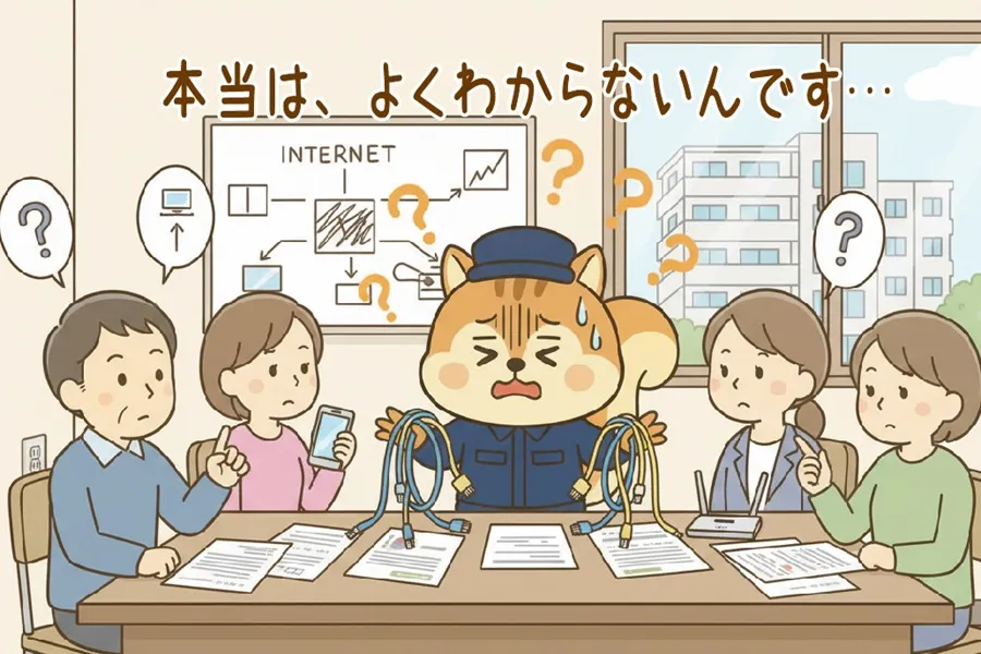 光回線が遅い理由を住民に聞かれて困っているりす丸のイラスト