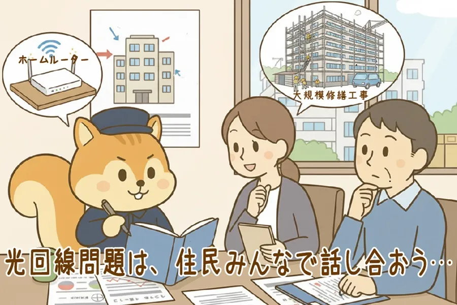 光回線の問題を住民と話し合っているりす丸のイラスト