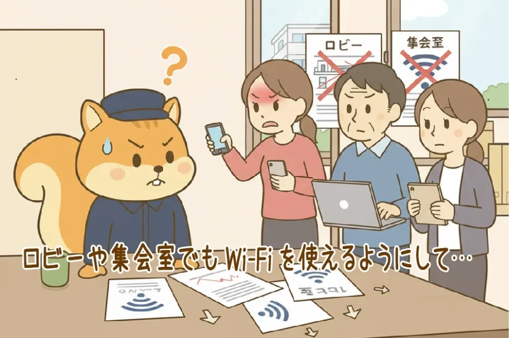 共用部でWi-Fiを使用したいと言う要望を聞くりす丸のイラスト