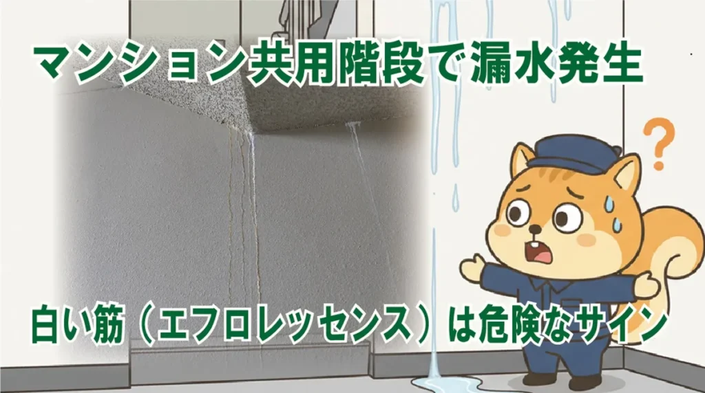 マンション共用階段で漏水発生｜白い筋（エフロレッセンス）は危険なサイン