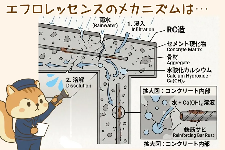 エフロレッセンスのメカニズムを解説するりす丸のイラスト