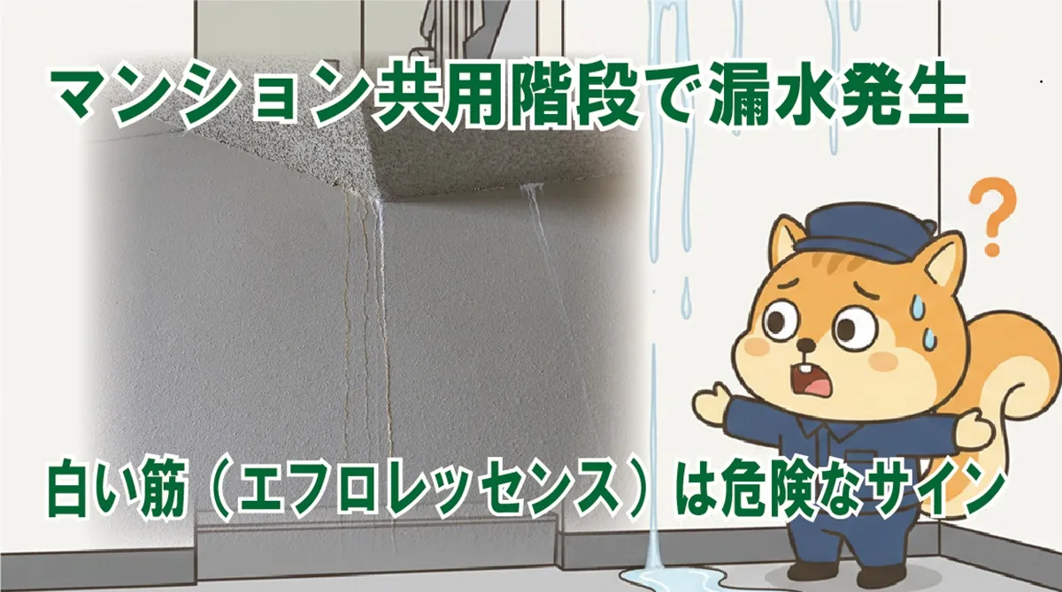 マンション共用階段で漏水発生｜白い筋（エフロレッセンス）は危険なサイン