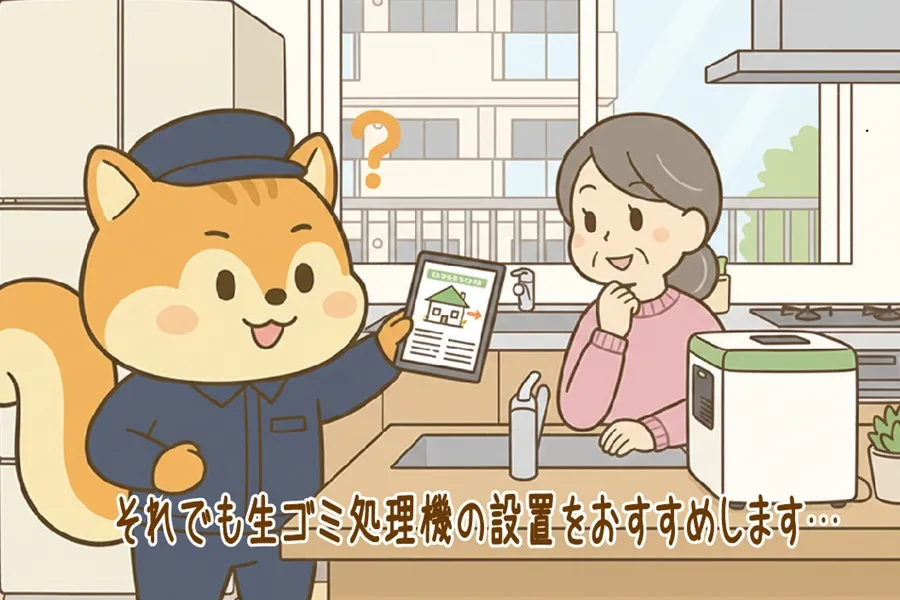 生ゴミ処理機の購入をすすめているりす丸のイラスト