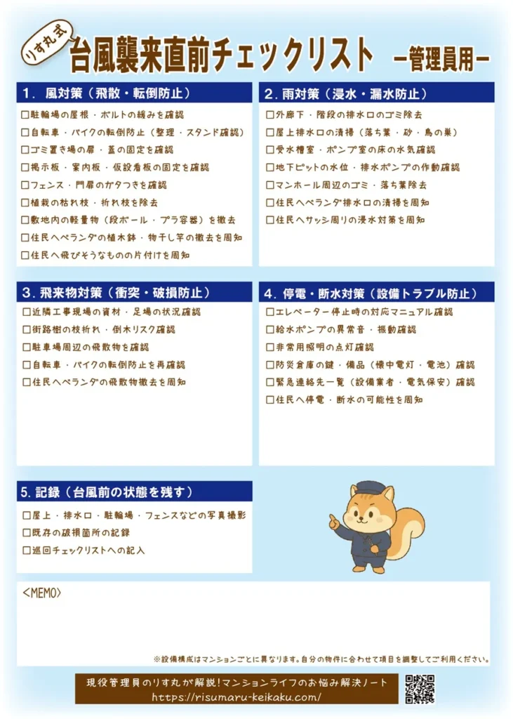 台風直前チェックリスト　管理員用