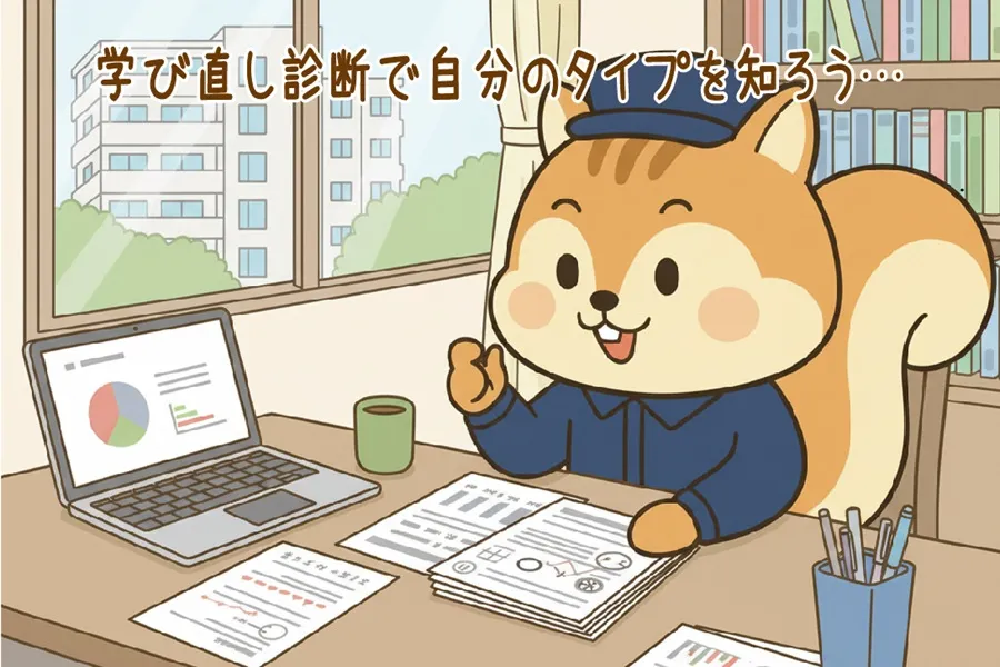 学び直し診断で自分のタイプを検討しているりす丸のイラスト