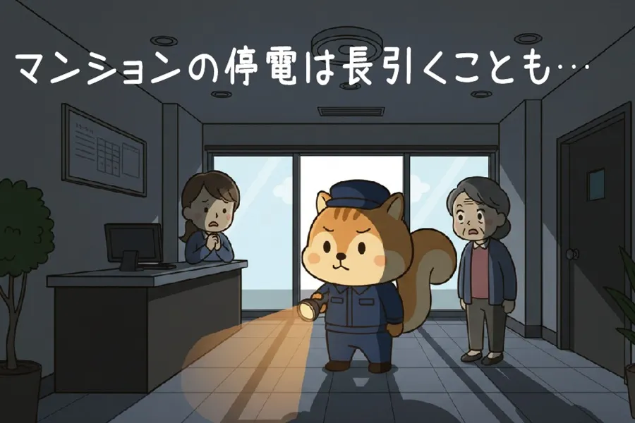 マンション共用部の停電を点検しているりす丸