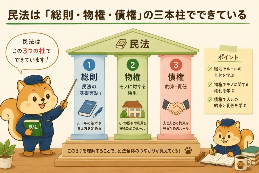 民法は「総則・物権・債権」の三本柱でできている