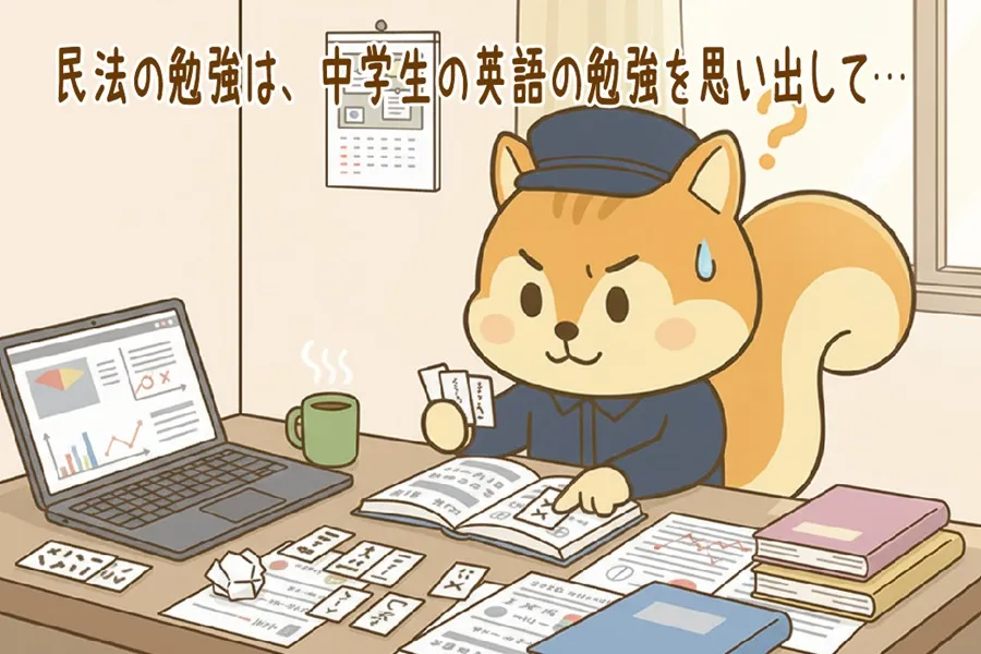 民法の専門用語を勉強しているりす丸のイラスト