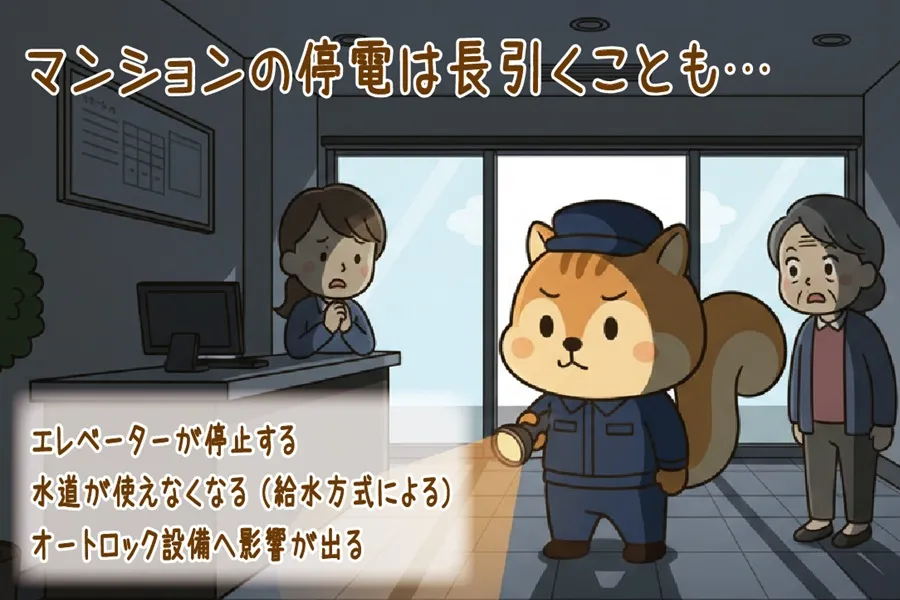 マンションが停電になって懐中電灯を持って巡回しているりす丸のイラスト
