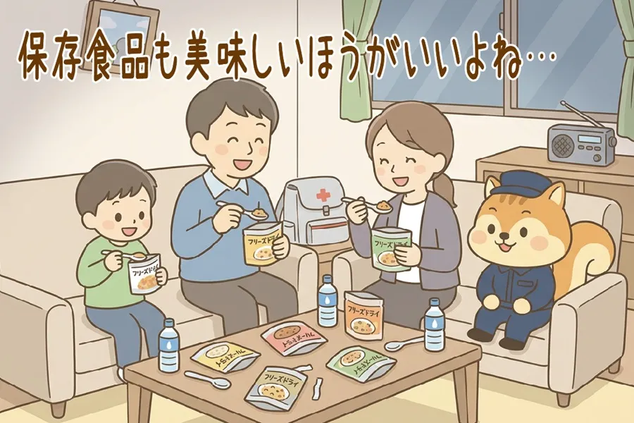 在宅避難でフリーズドライ食品を美味しく食べているファミリーとりす丸